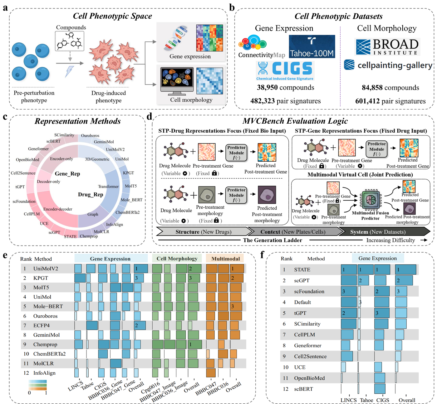 MVCBench: benchmarking drug-molecular and gene representations for drug-induced virtual cell phenotypes